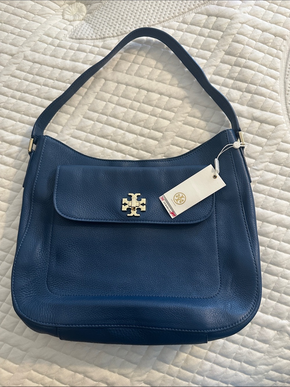 Tory Burch Navy Leather Shoulder Bag with Gold Logo